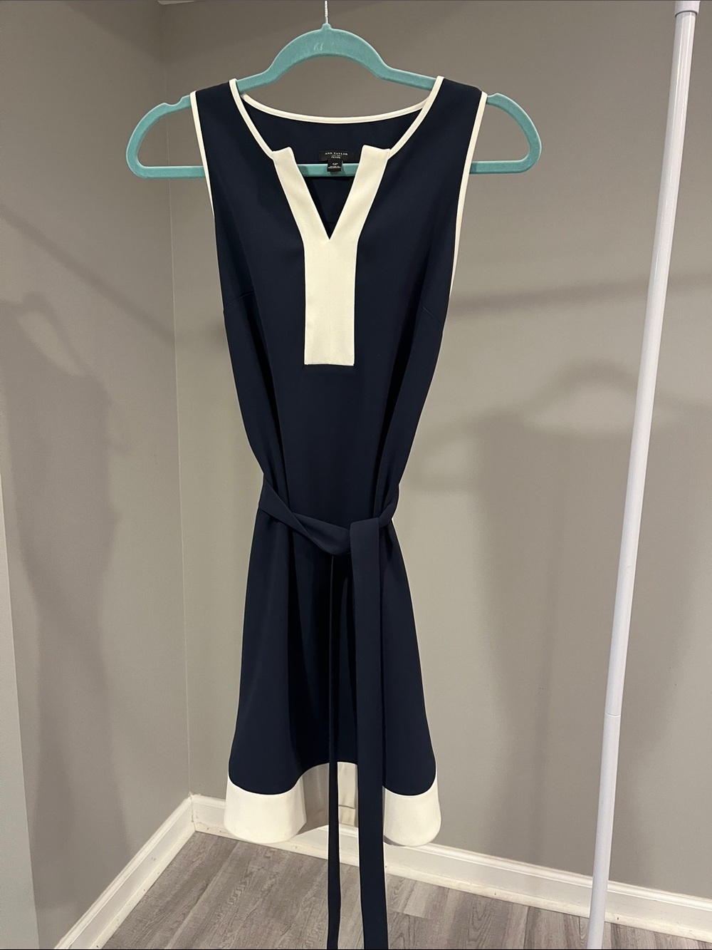 Ann Taylor Navy Dress with White Trim and Self-Tie Belt